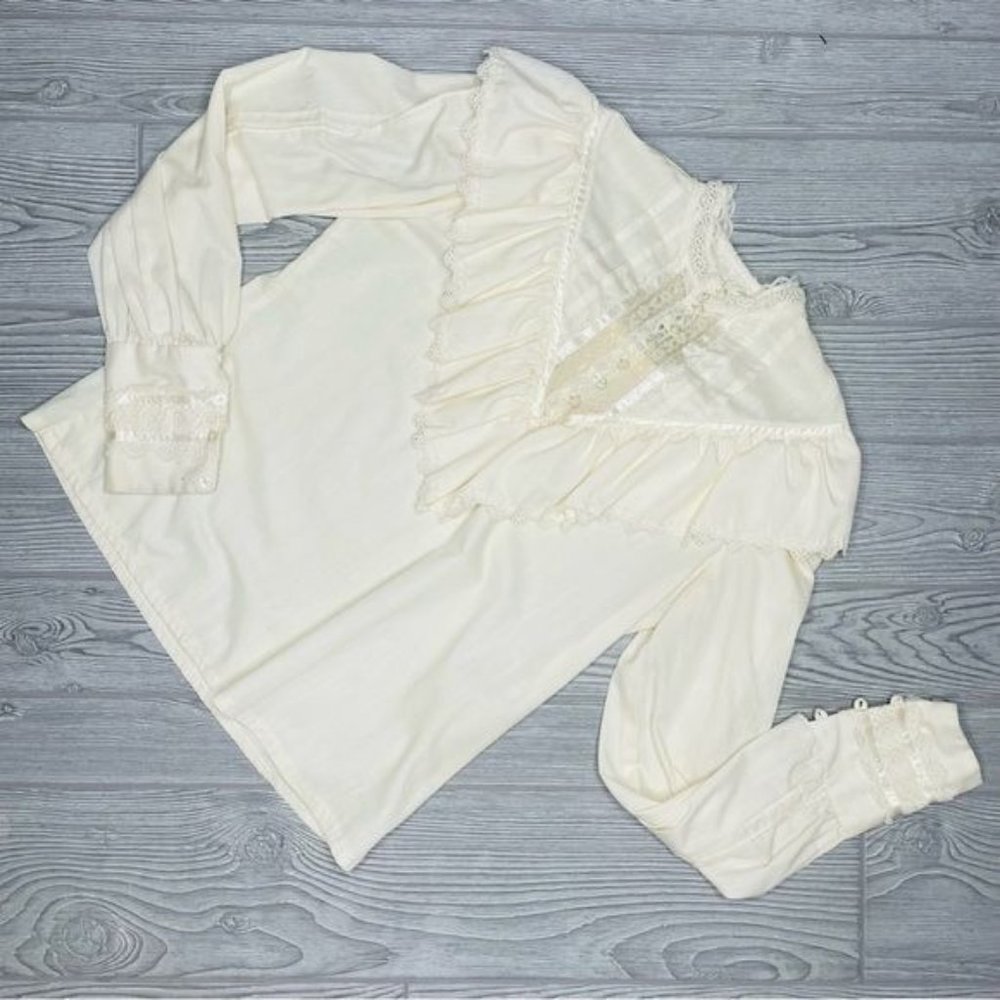 Vintage Victorian lace ruffle high collar blouse long sleeve shirt cottage core - Picture 6 of 6